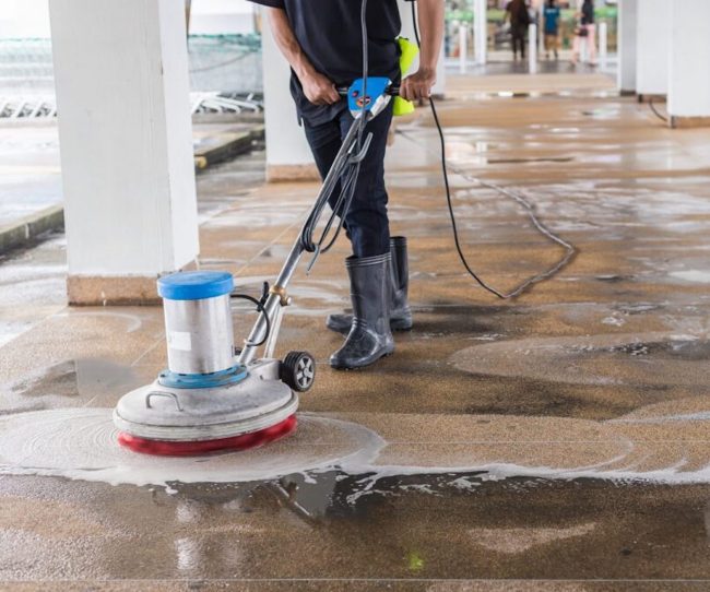 Asian,Worker,Cleaning,Sand,Wash,Exterior,Walkway,Using,Polishing,Machine Asian worker cleaning sand wash exterior walkway using polishing machine and chemical or acid